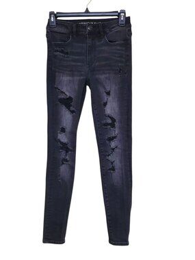 American Eagle Hi-Rise Jegging‎ Women's Distressed Ripped Black Denim Jeans 2R